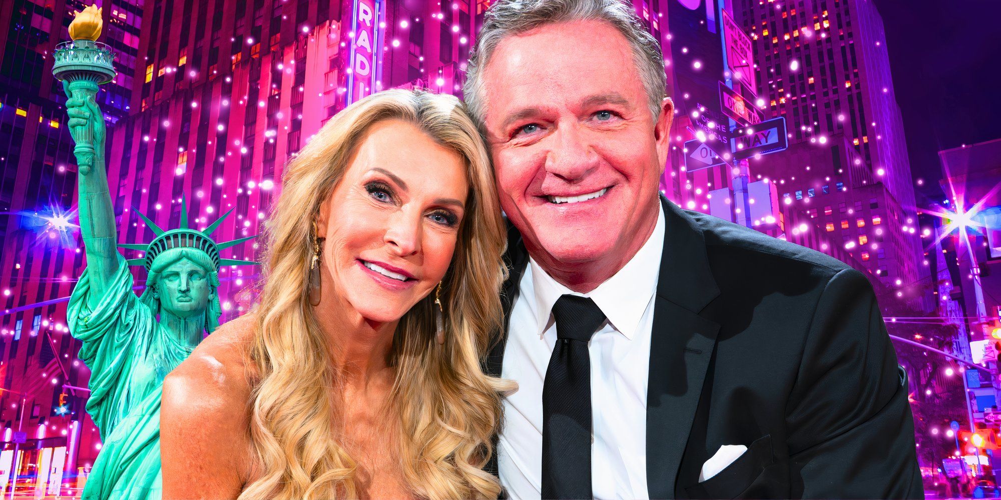 the golden bachelorette stars joan vassos and chock chapple smiling with purple background and statue of liberty