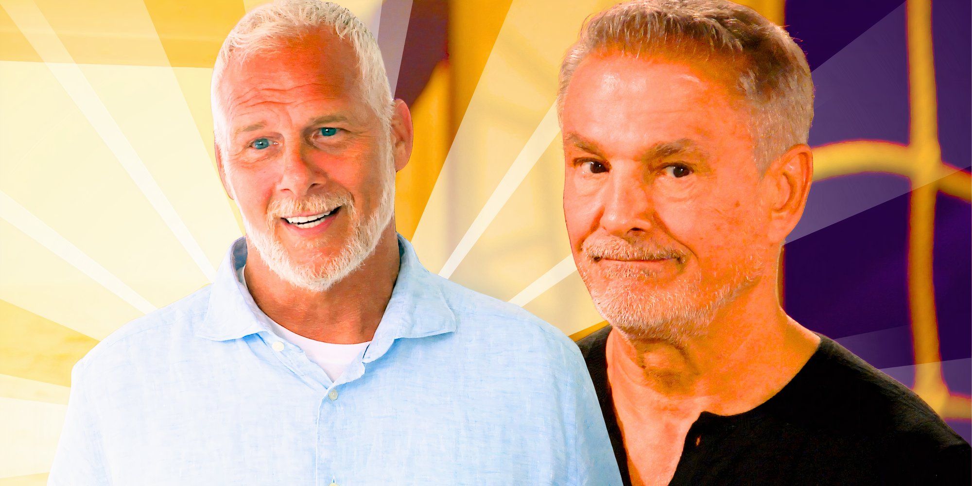 the golden bachelorette stars mark anderson and pascal ibgui in montage with both smiling and yellow background