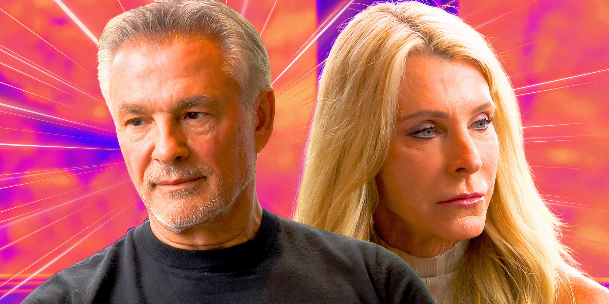 the golden bachelorette stars pascal ibgui and joan vassos looking somber in montage with pink and orange background