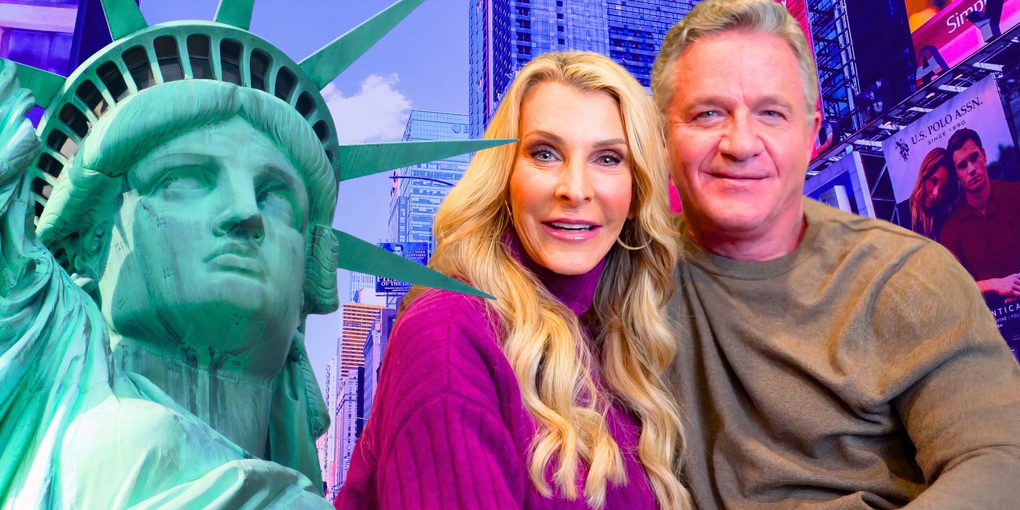The Golden Bachelorettes Joan vassos and Chock chapple with a NYC themed background