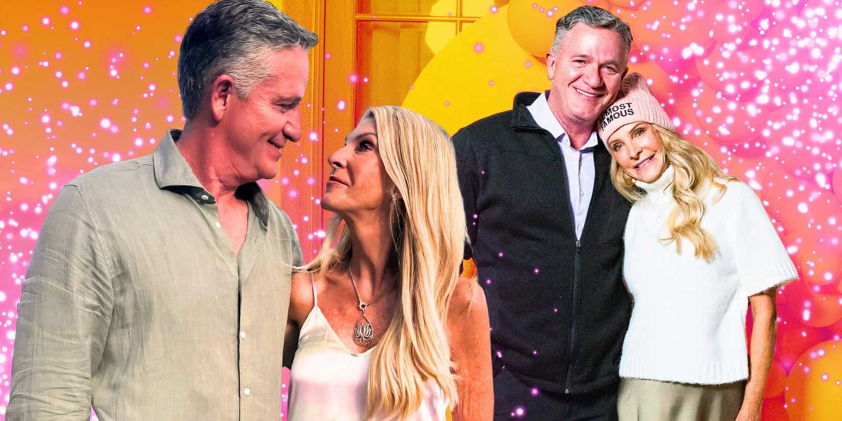 The Golden Bachelorette montage of Joan Vassos & Chock Chapple together in two poses with sparkle background