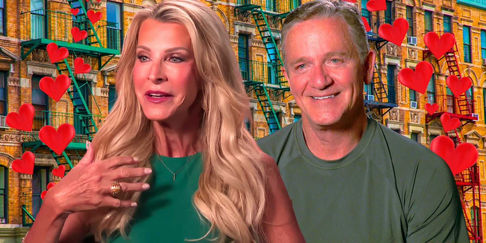 an image of Joan vassos and Chock chapple from the golden bachelorette wearing green with an NYC and hearts background