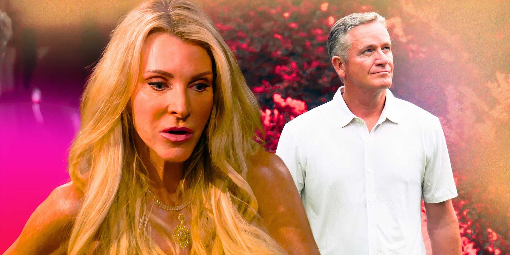 image of joan vassos and chock chapple from the golden bachelorette looking swerious with outdoor background