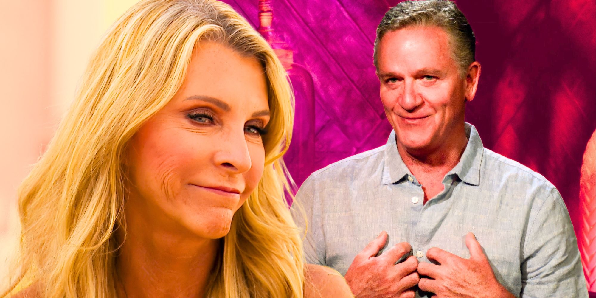 The Golden Bachelorette&rsquo;s Joan Vassos and Chock Chapple both have slight smirks.