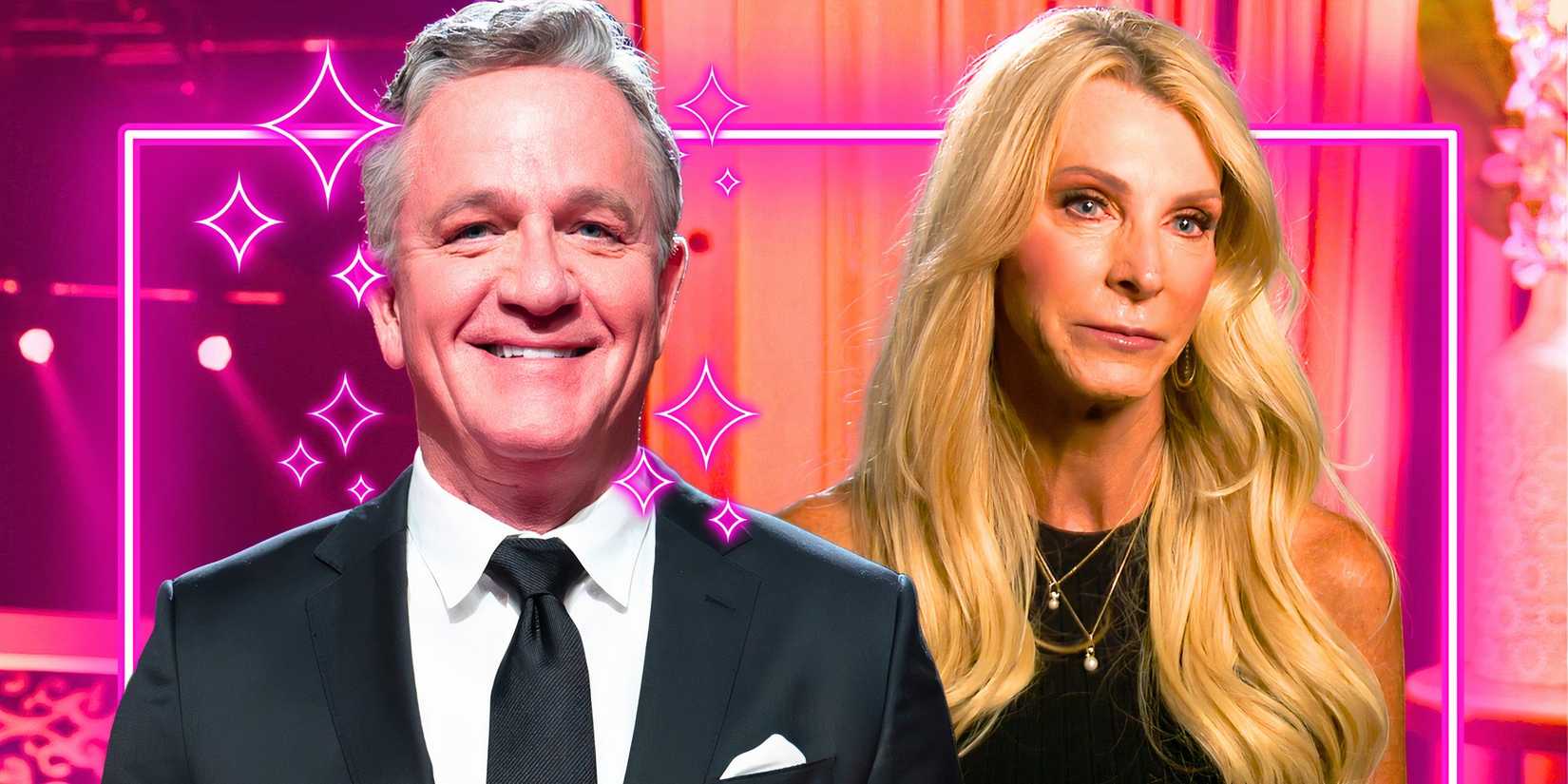 The Golden Bachelorette's Chock Chapple and Joan Vassos with him smiling and her serious and pink background
