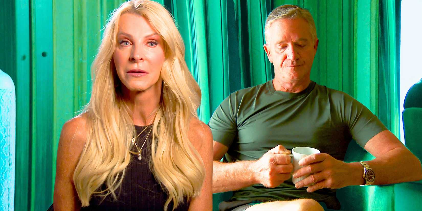 The Golden Bachelorette's joan vassos and chock chapple looking intense with green background