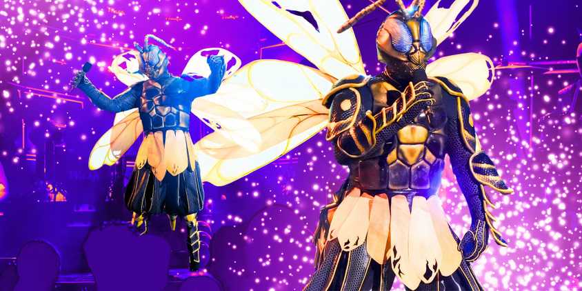 the masked singer character Wasp in two poses with purple background