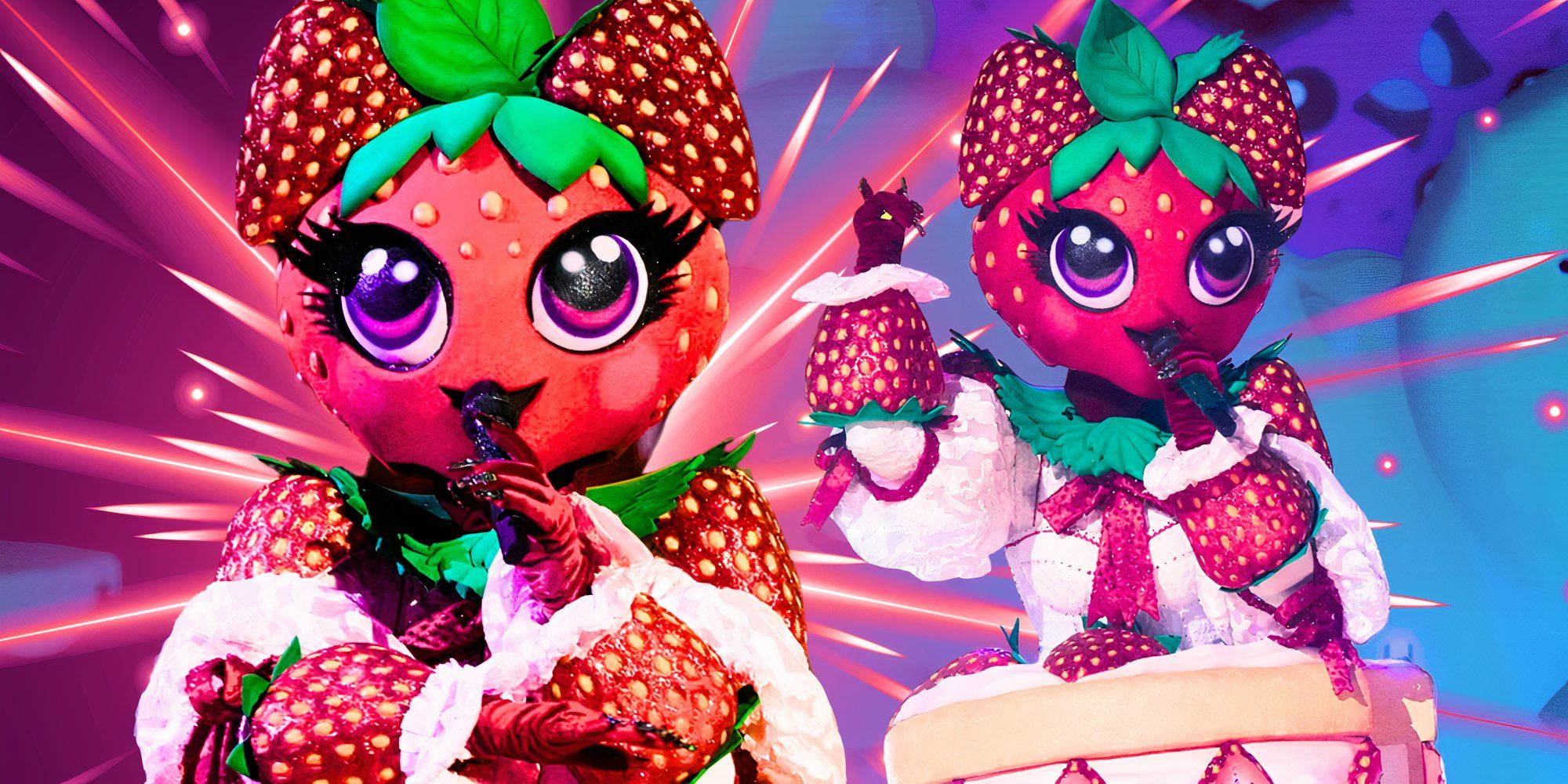 the masked singer strawberry shortcake in montage with two poses with pink and blue background