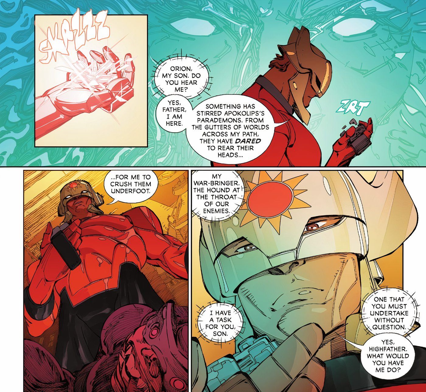 The New Gods 1 Highfather contacts Orion and says he has a task for him to fulfill