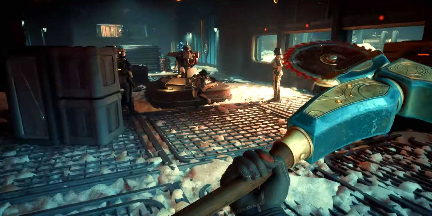 The Outer Worlds 2 Player With chainsaw like weapon approaching enemies.