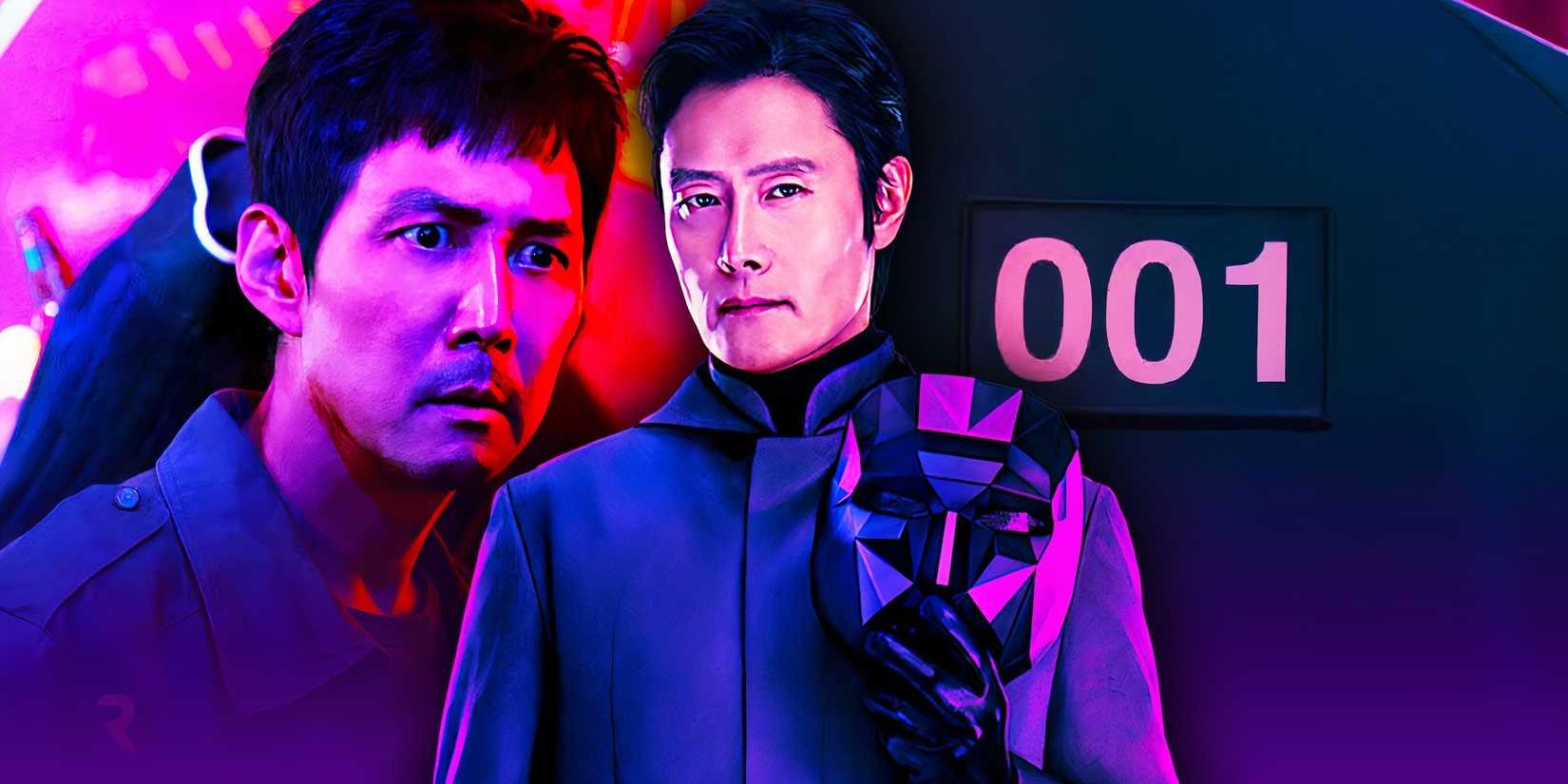 An edited image of Gi-hun looking shocked and In-ho holding the Front Man mask in Squid Game season 2.