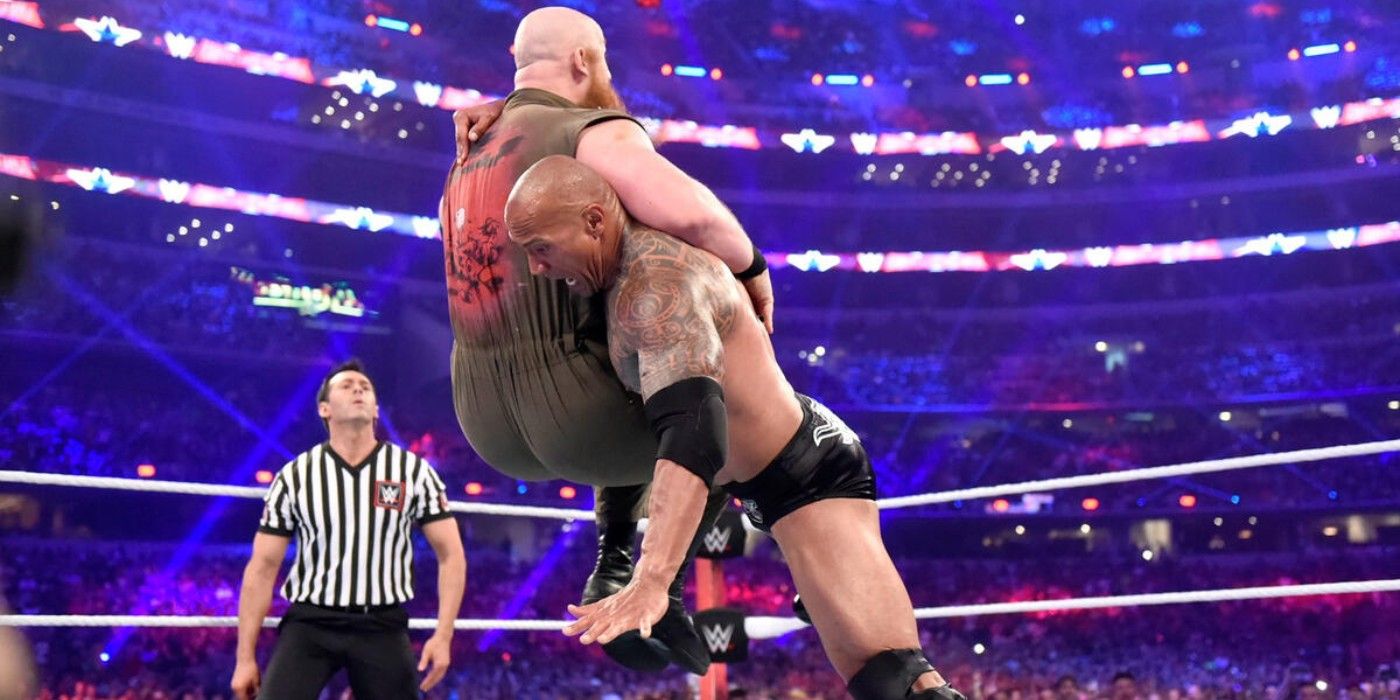 The Rock hits a Rock Bottom on Erick Rowan at WWE WrestleMania 32