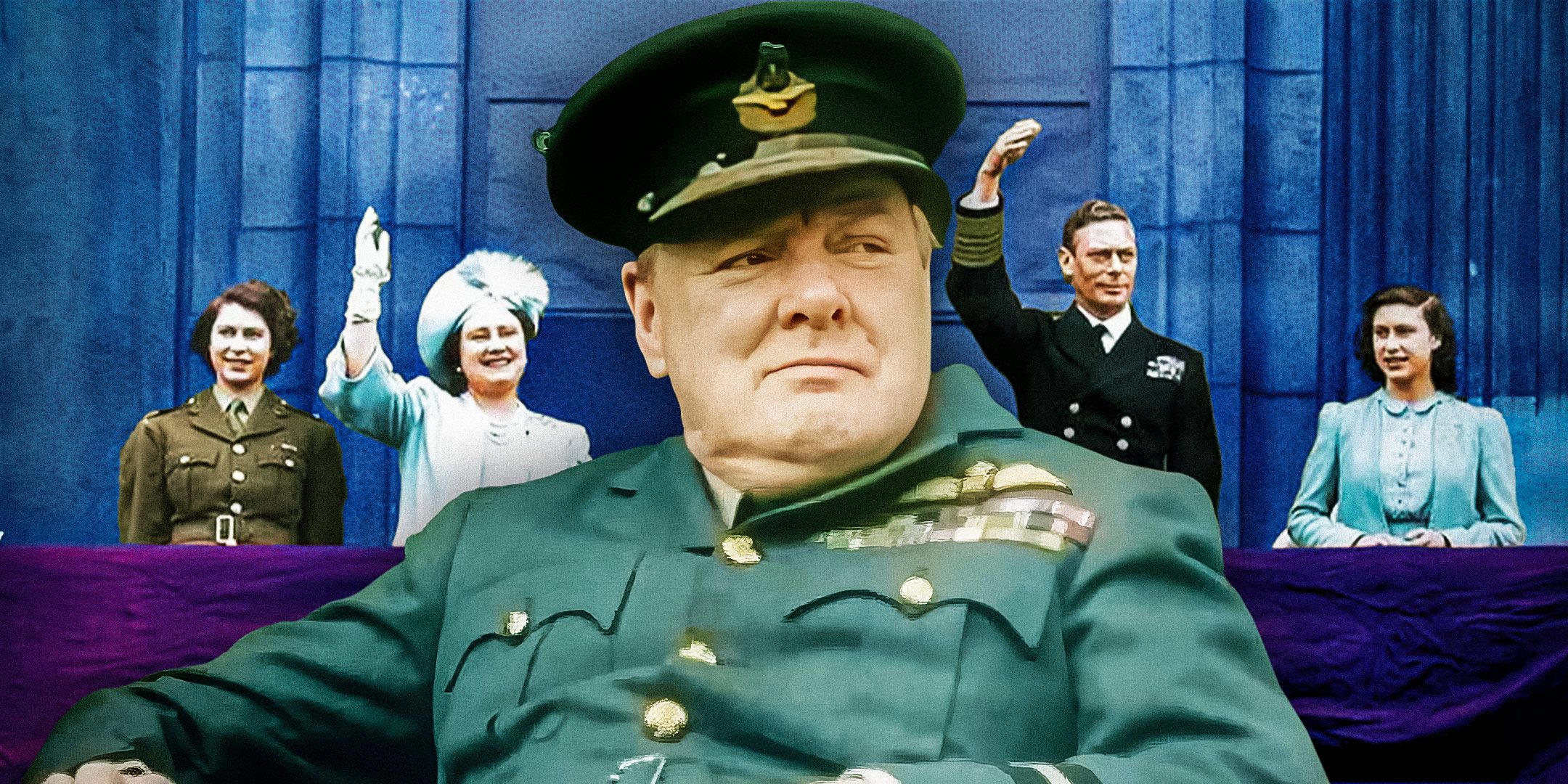 Winston Churchill in his military uniform in the foreground in front of an image of the royal family waving from the Buckingham Palace balcony