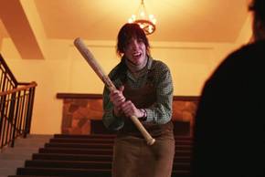 Wendy (Shelley Duvall) crying holding the baseball bat in The Shining.