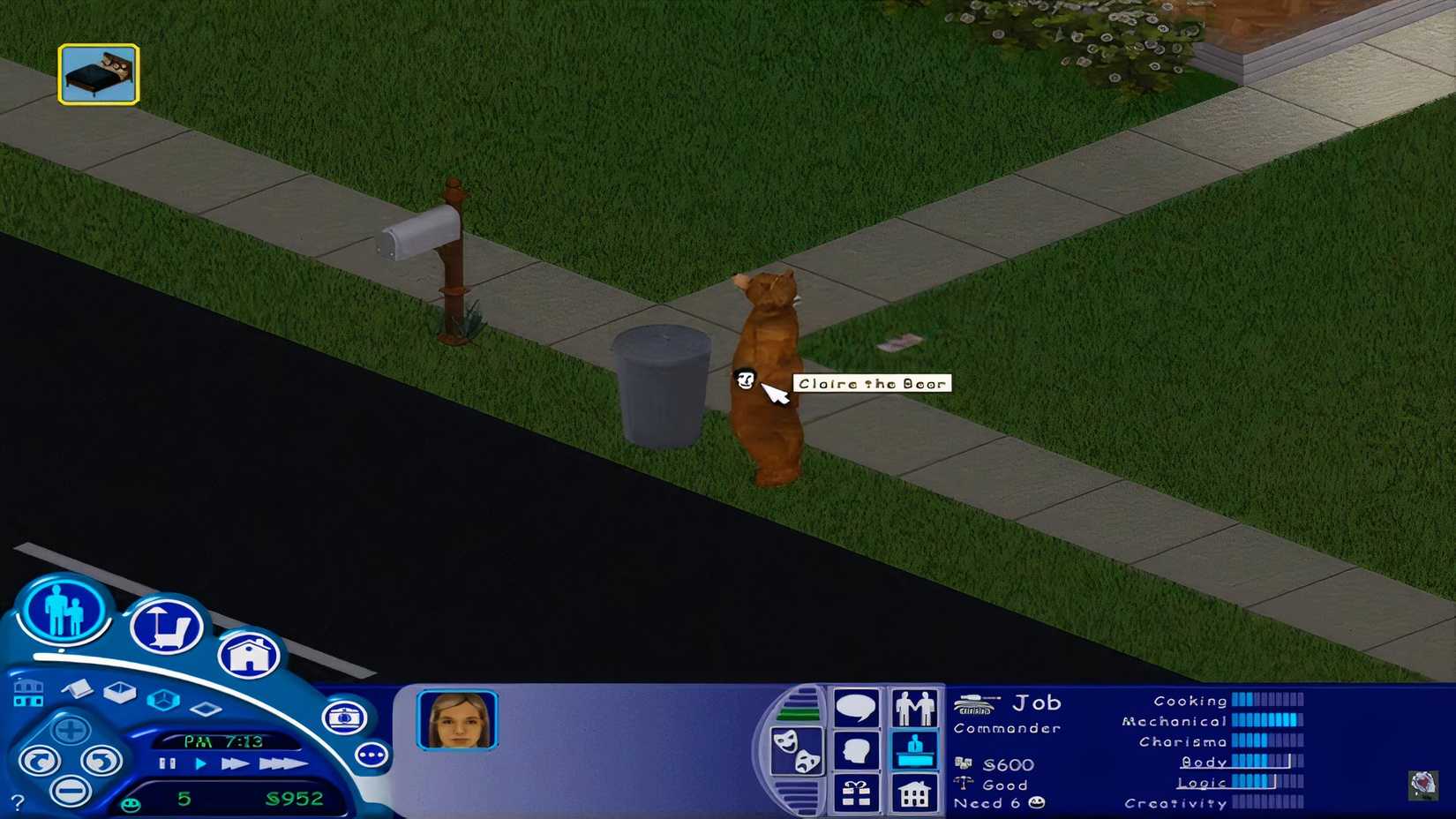 The Sims 1 Claire the Bear going through trash