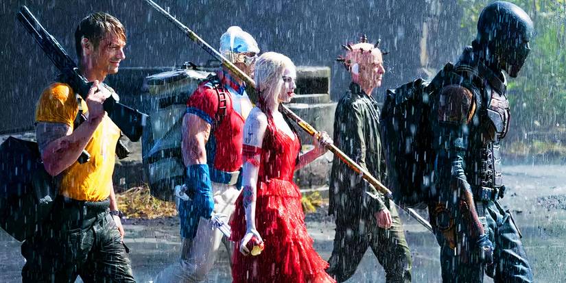 The Suicide Squad walking in the rain in The Suicide Squad