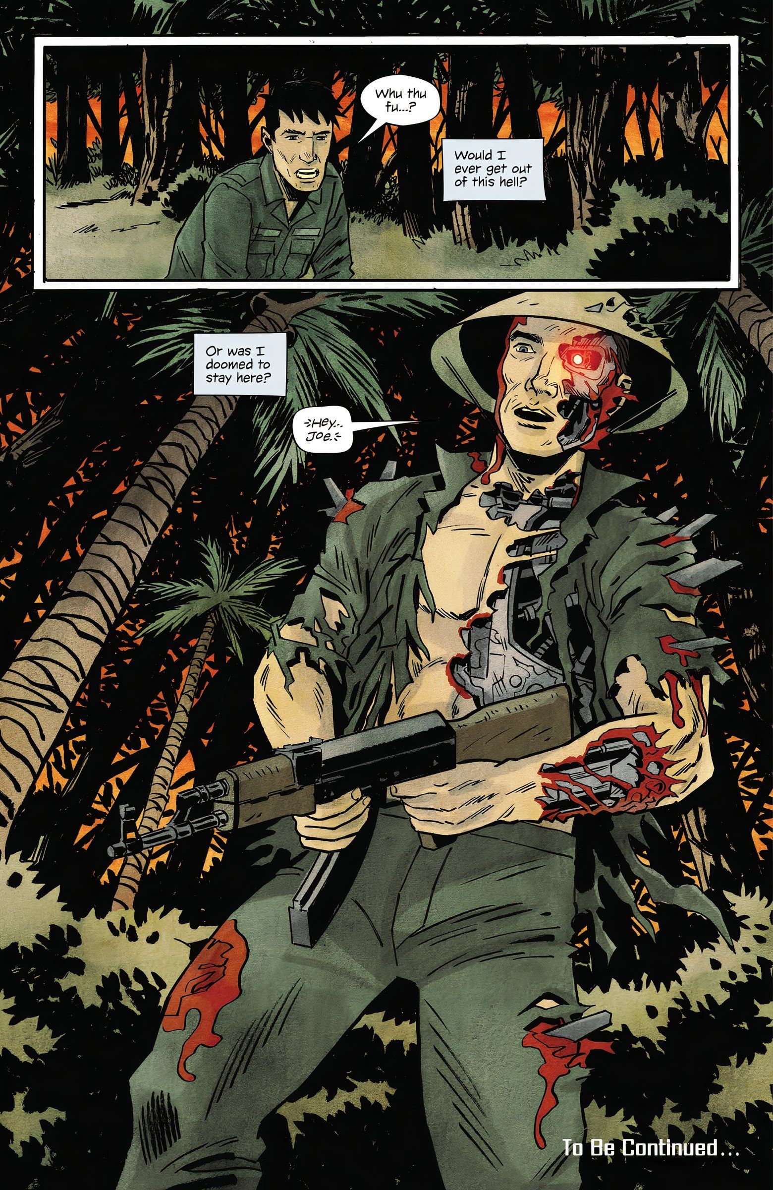 Vietnam Terminator standing half destroyed in the jungle holding an assault rifle
