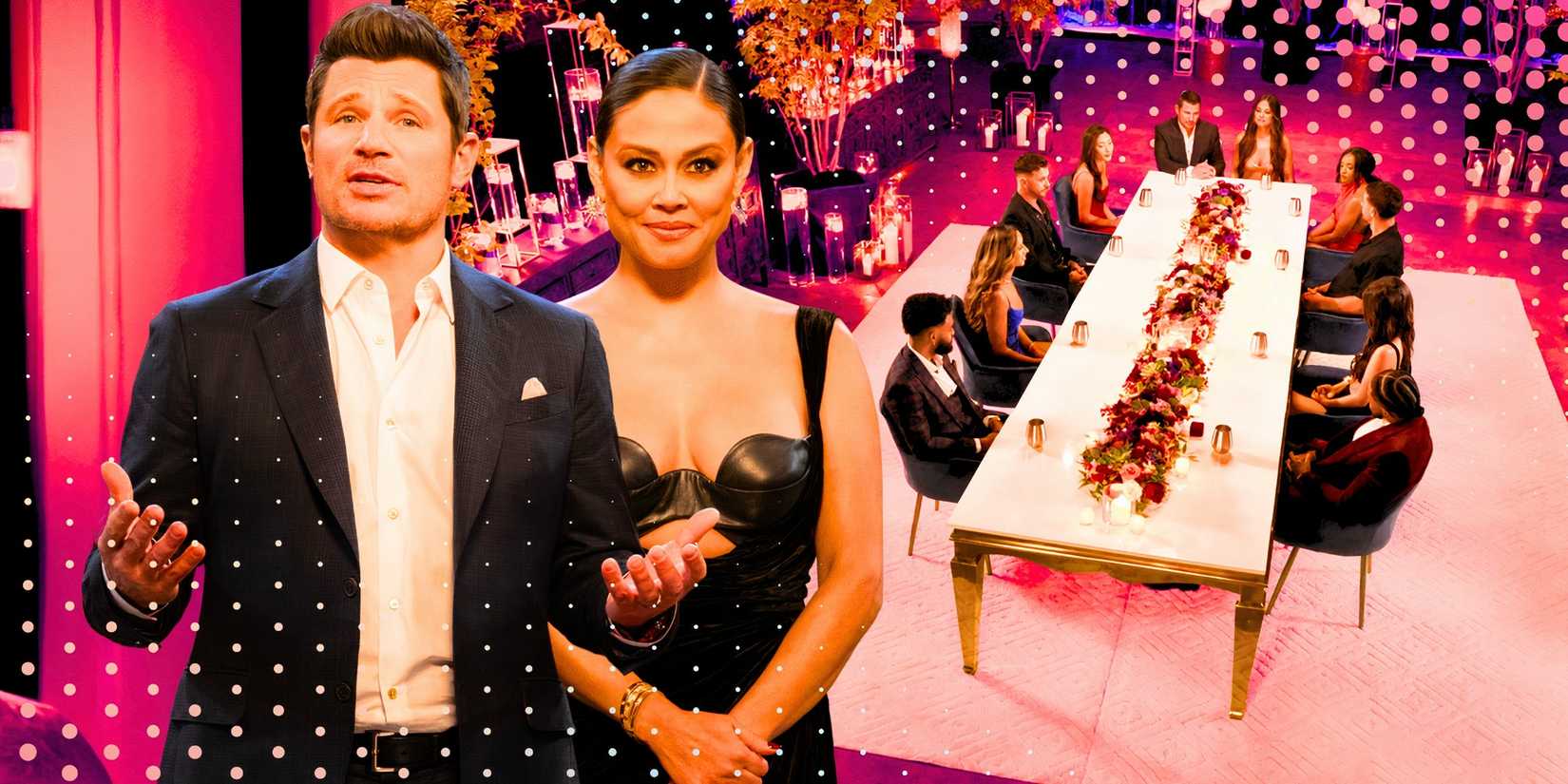 The Ultimatum Marry Or Move On montage with nick and vanessa lachey and the cast in the background