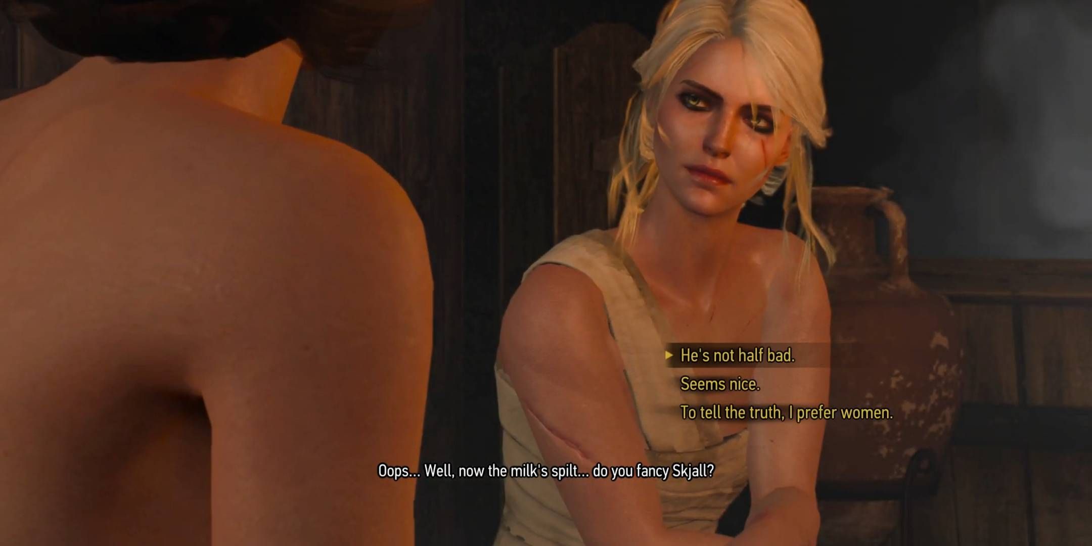 Ciri talking about her sexuality in a Sauna.