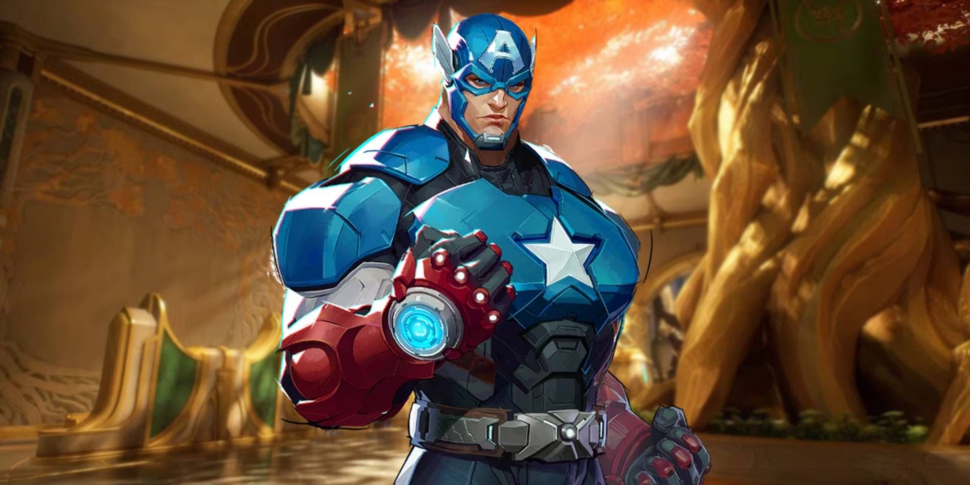 Marvel Rivals Captain America Vanguard character in Yssgard map