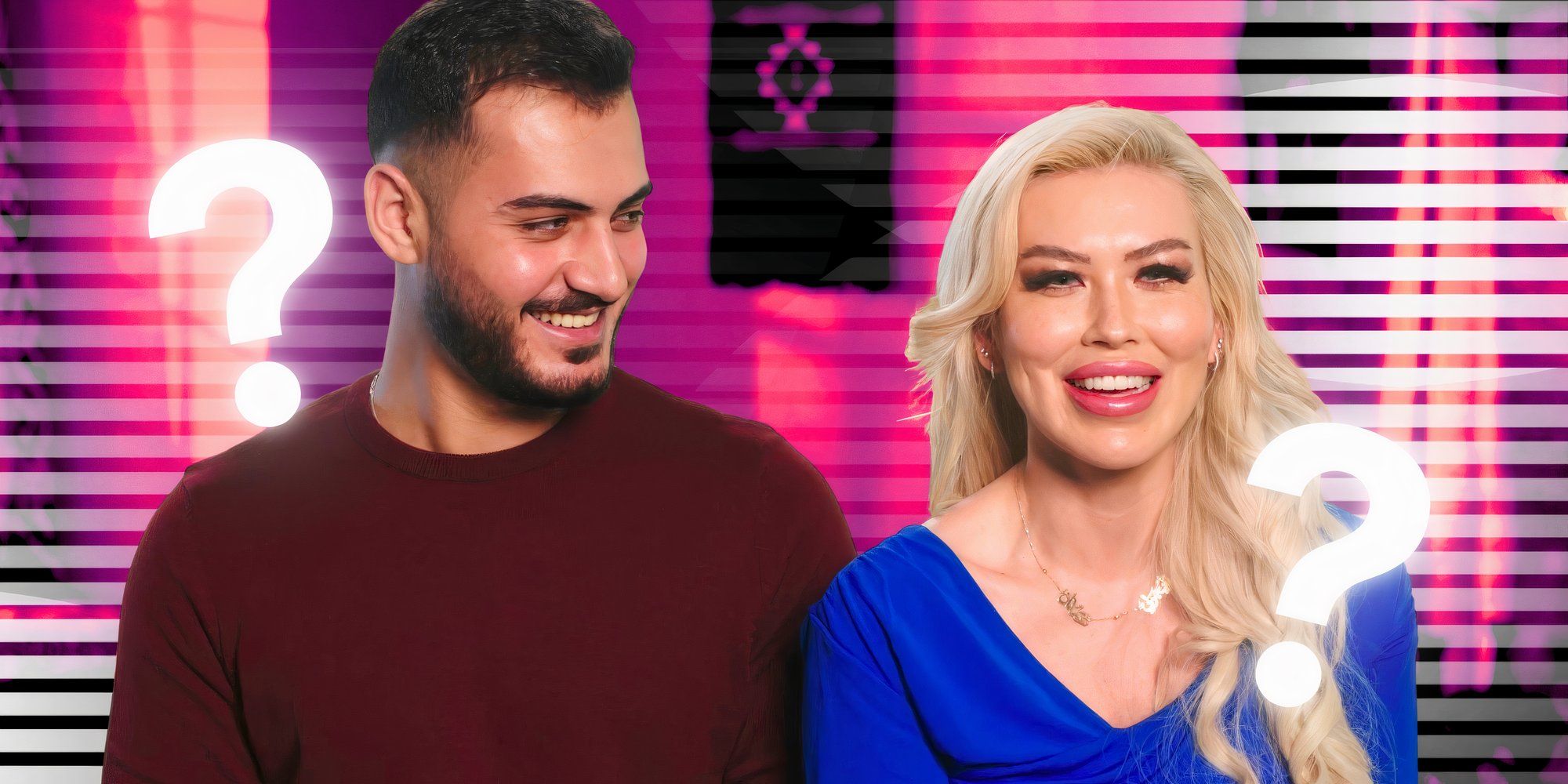 Tigerlily Taylor e Adnan Abdelfattah da uno sposo di 90 giorni felicemente dopo un sorriso con uno sfondo a strisce rosa e bianca