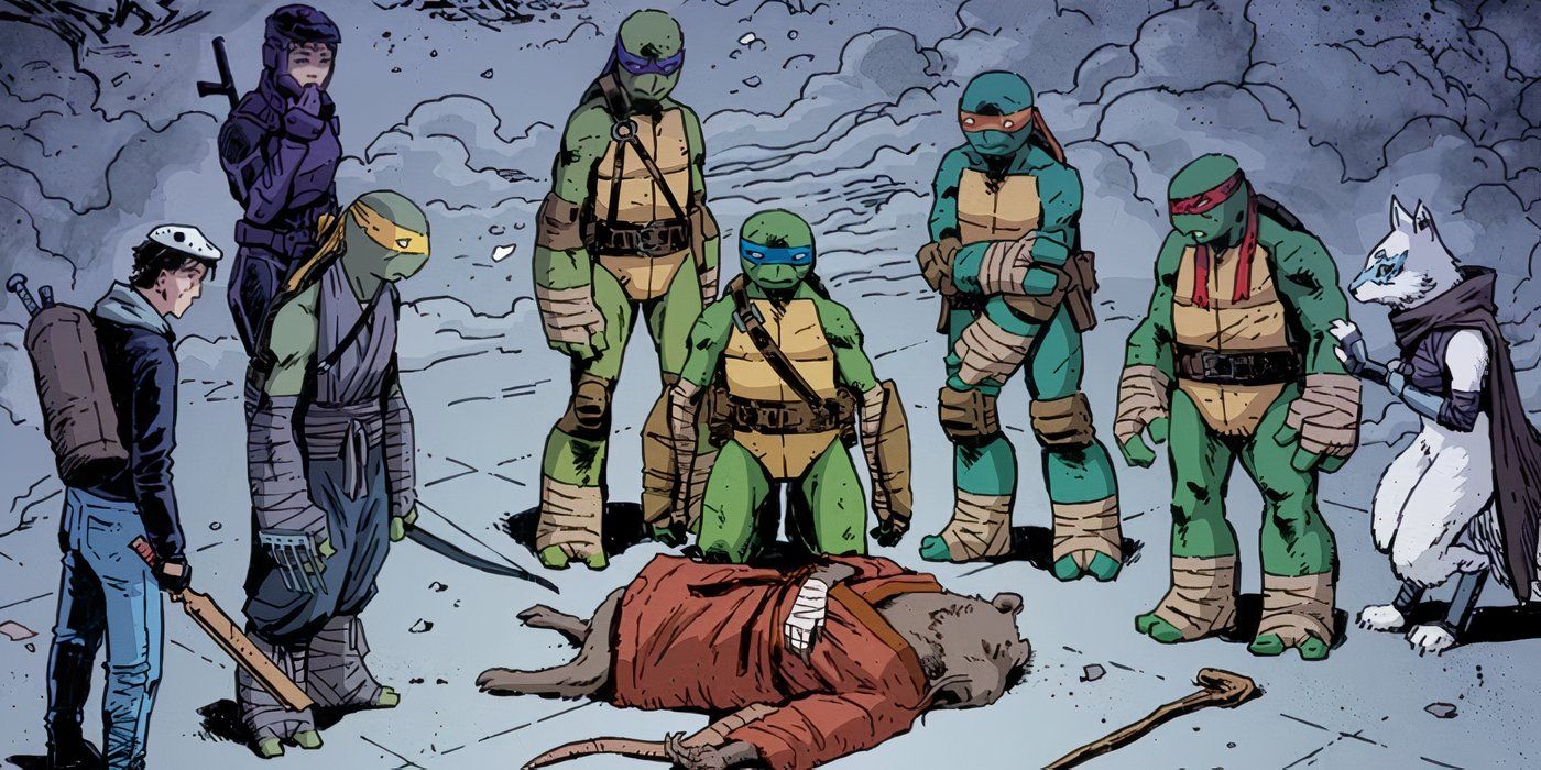 Comic book panel: Splinter's dead body surrounded by the TMNT and their allies