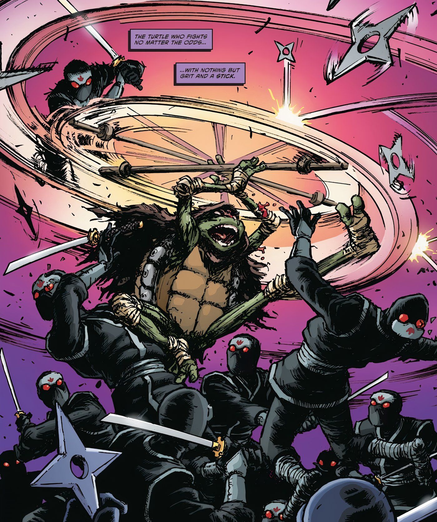 Comic book panel: Donatello takes out a group of ninjas with only a stick