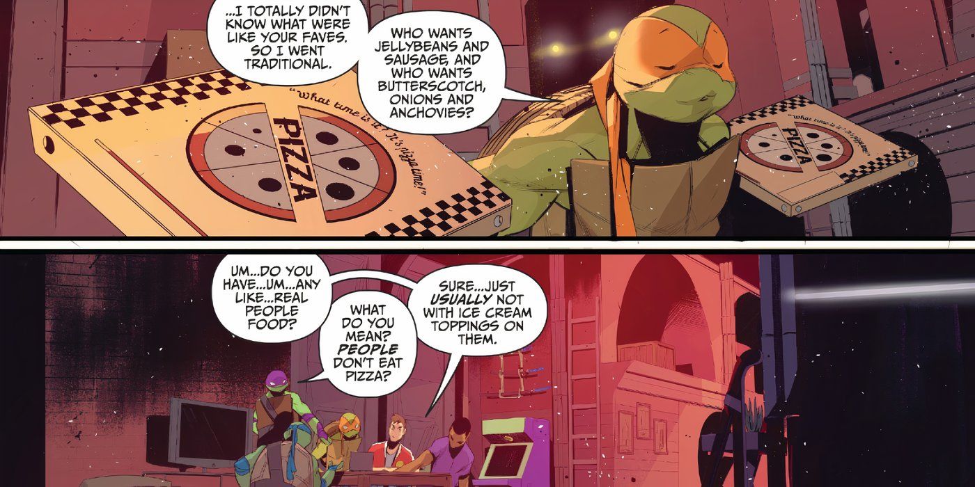 TMNT Michelangelo offers pizza with jellybeans and sausage, and another with butterscotch, onions, and anchovies
