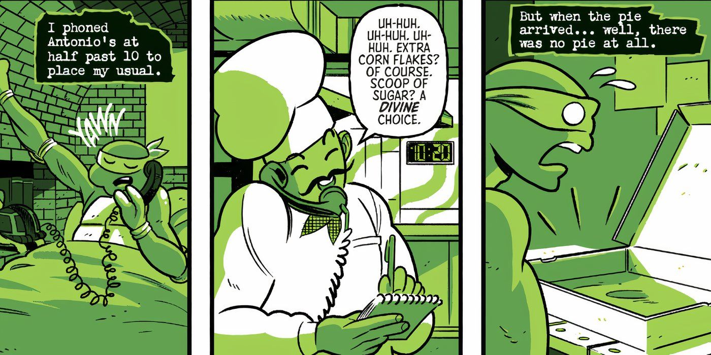 TMNT Michelangelo orders pizza with corn flakes and a scoop of sugar, but it goes missing once it arrives