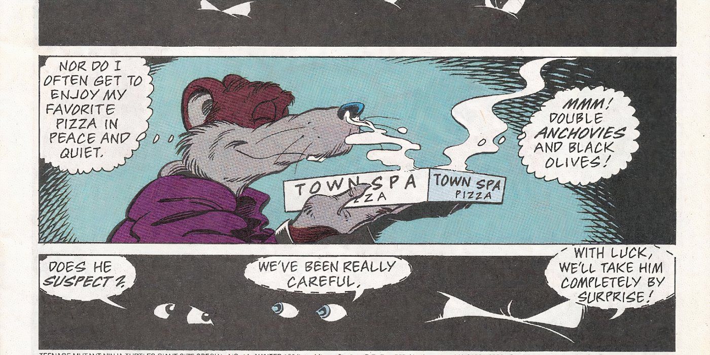 TMNT Splinter enjoys alone time with a double anchovies and black olive pizza