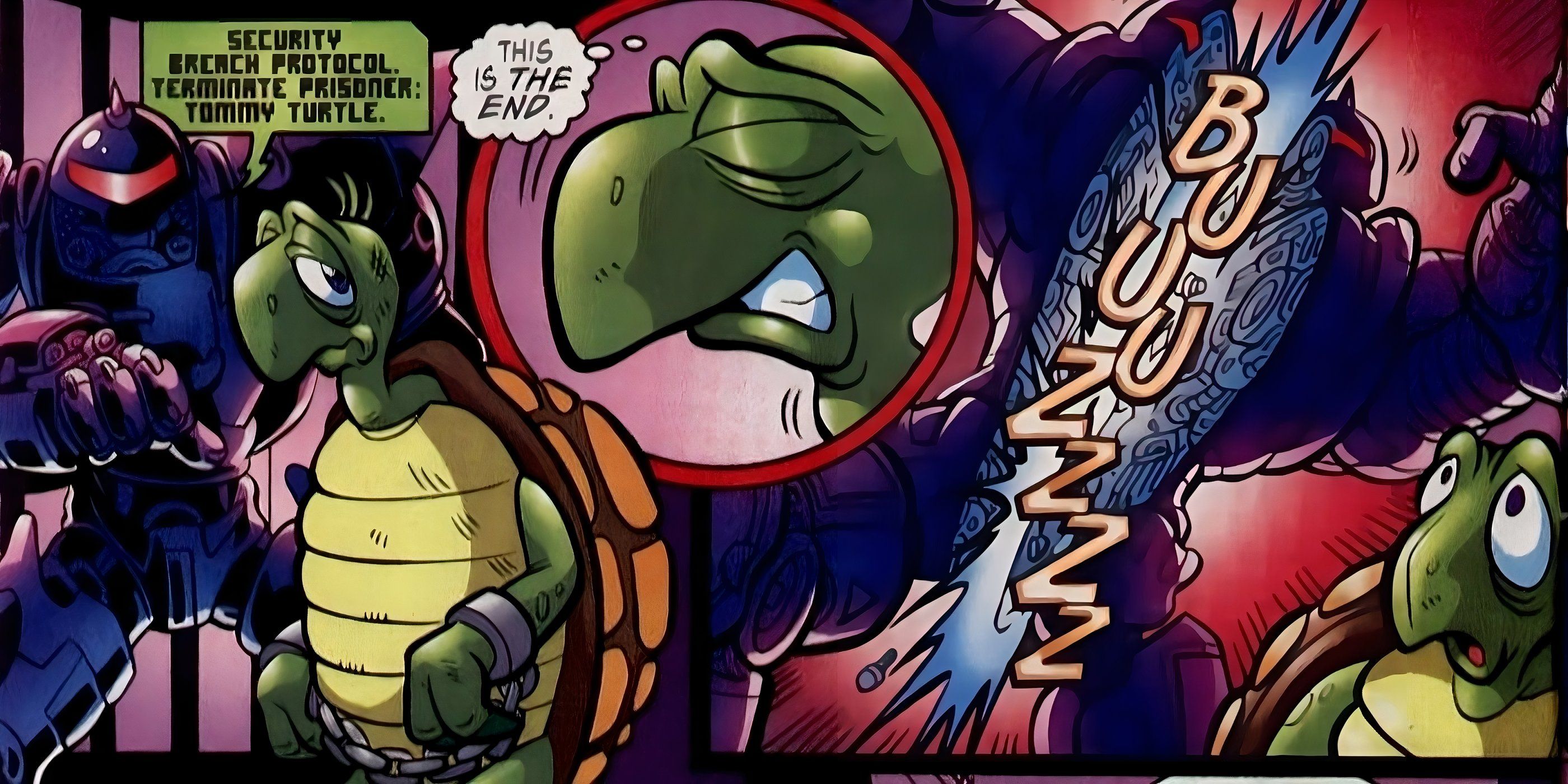 Comic book panel: Tommy the Turtle is almost executed