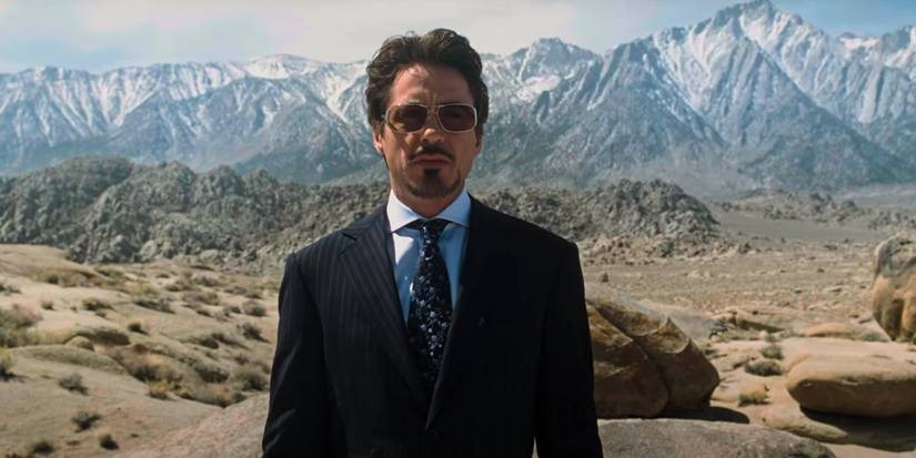 Tony Stark (Robert Downey Jr.) in the missile test scene in Iron Man looking offscreen