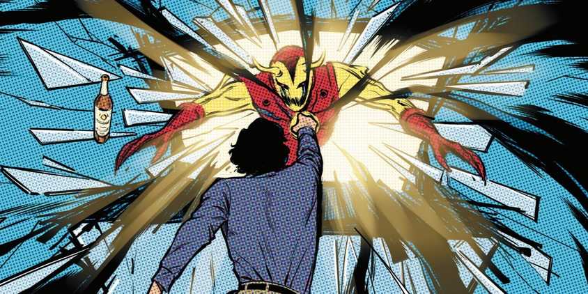 Tony Stark punches a vision of a demonic Iron Man.