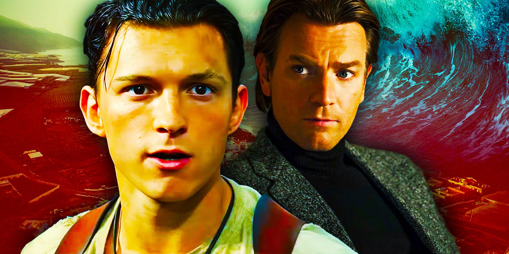 Tom Holland in the foreground and Ewan McGregor in the background in front of an image of a tsunami