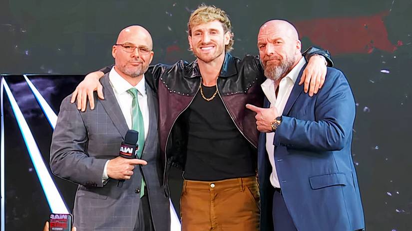 Triple H, Adam Pearce, and Logan Paul during Raw Netflix Kickoff show