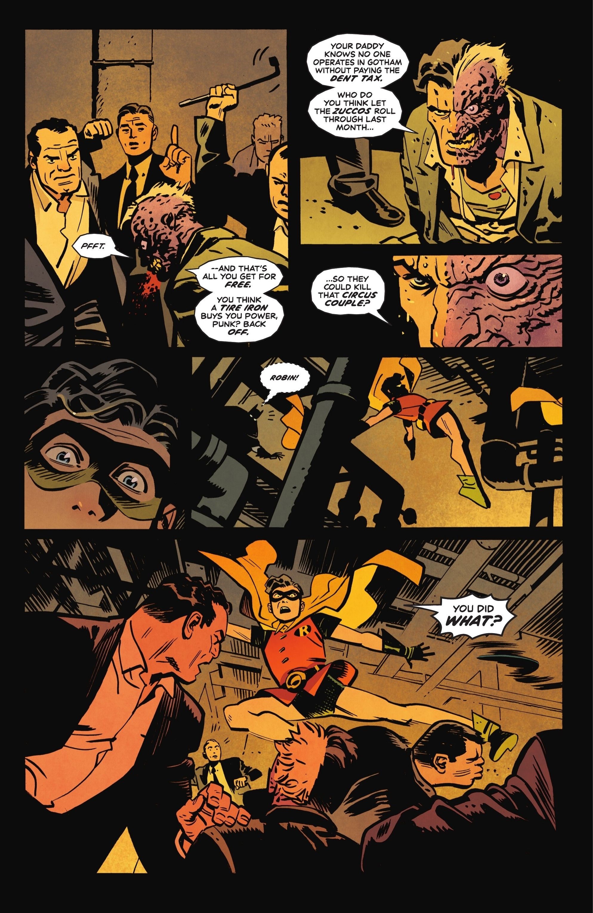 Comic page: Two-Face claims he let the Graysons die in Batman and Robin, Year One #3, without knowing Robin was listening