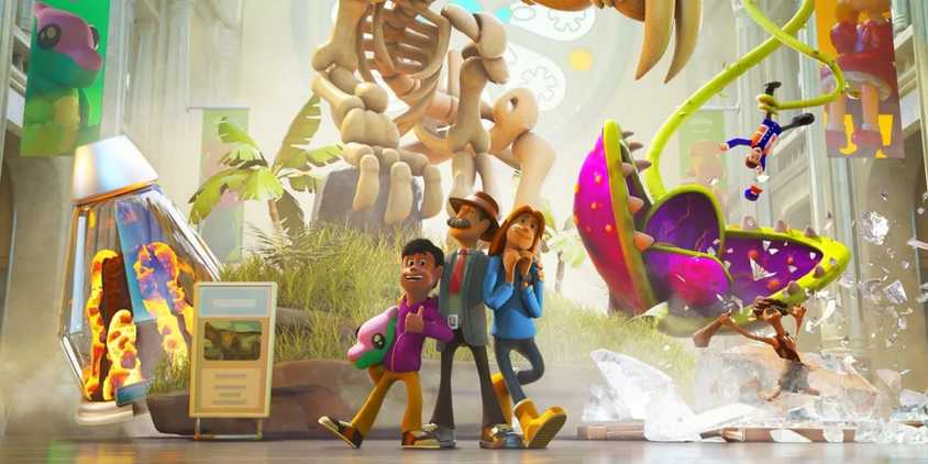 Two Point Museum key artwork featuring a family standing in front of chaotic museum exhibits