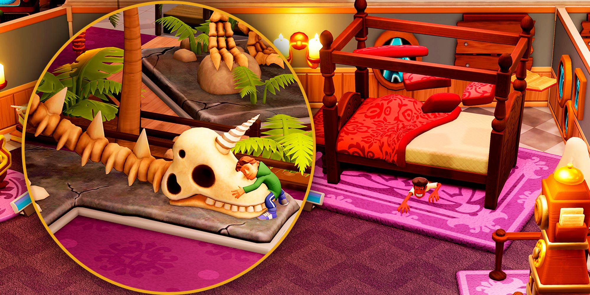 Two Point Museum Preview header showing a boy on the left hugging a horned skeleton, and a visitor on the right being pulled under a haunted bed.