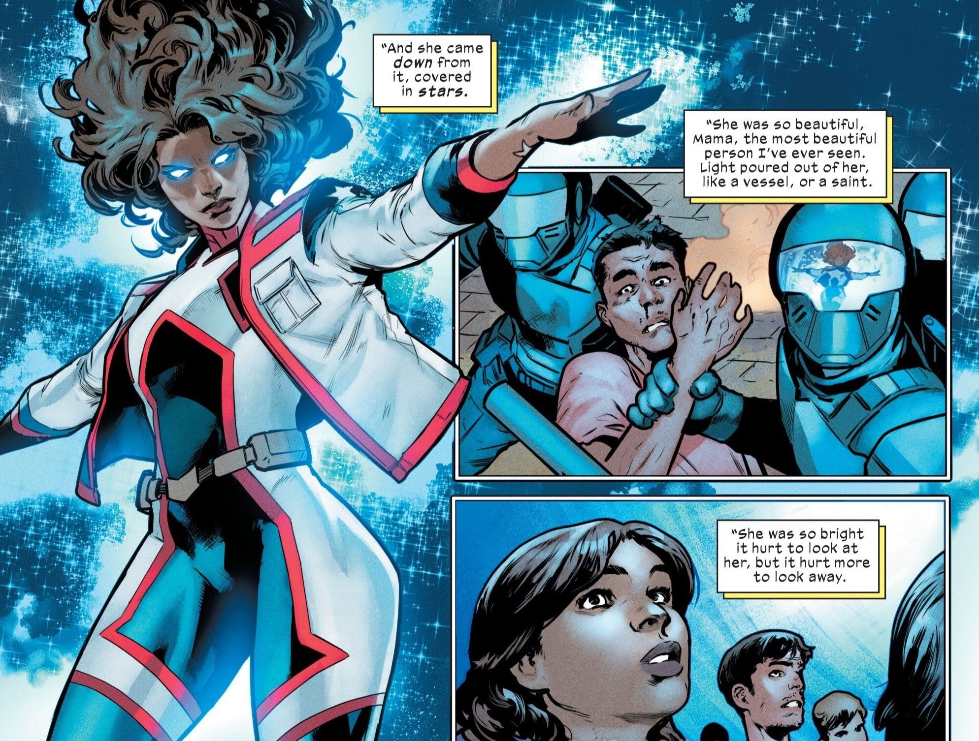 Ultimate America Chavez descends to help people.