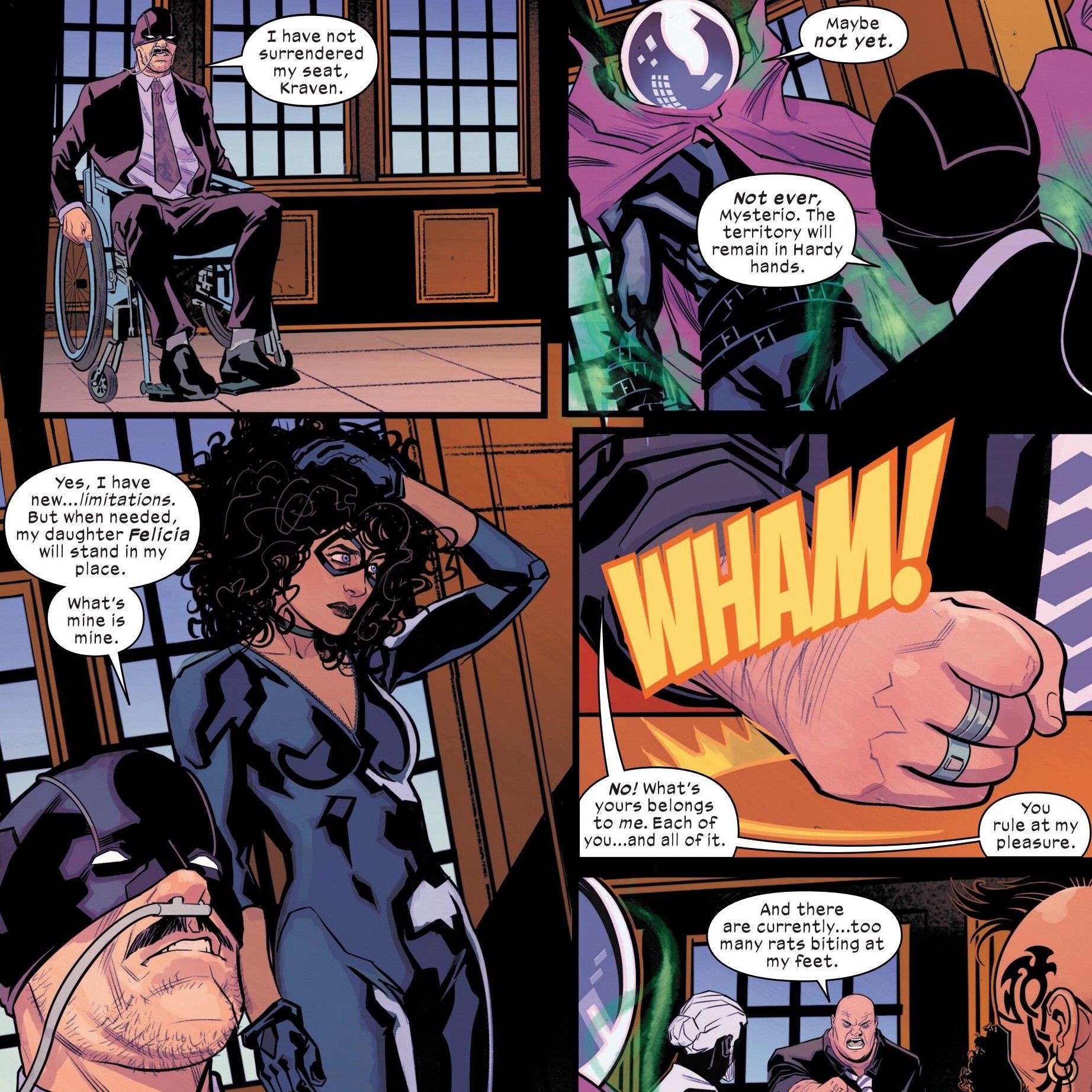Comic book panels: Ultimate Black Cat appears as part of the Sinister Six.