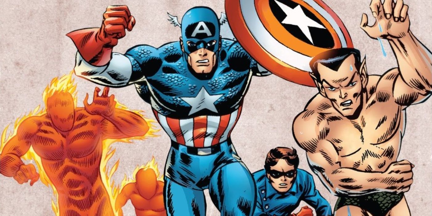 Captain America and the Invaders charging into battle.