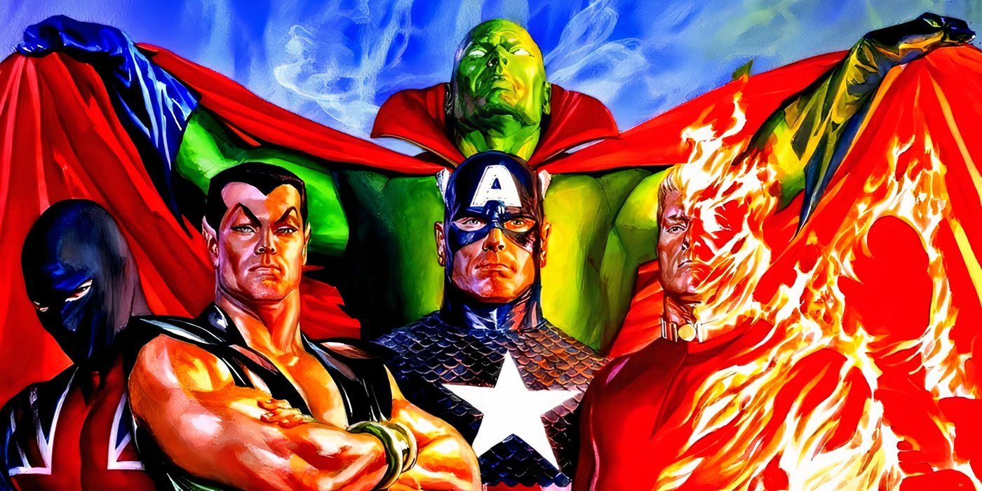 Captain America, Namor, the Human Torch, and the other Invaders standing together.