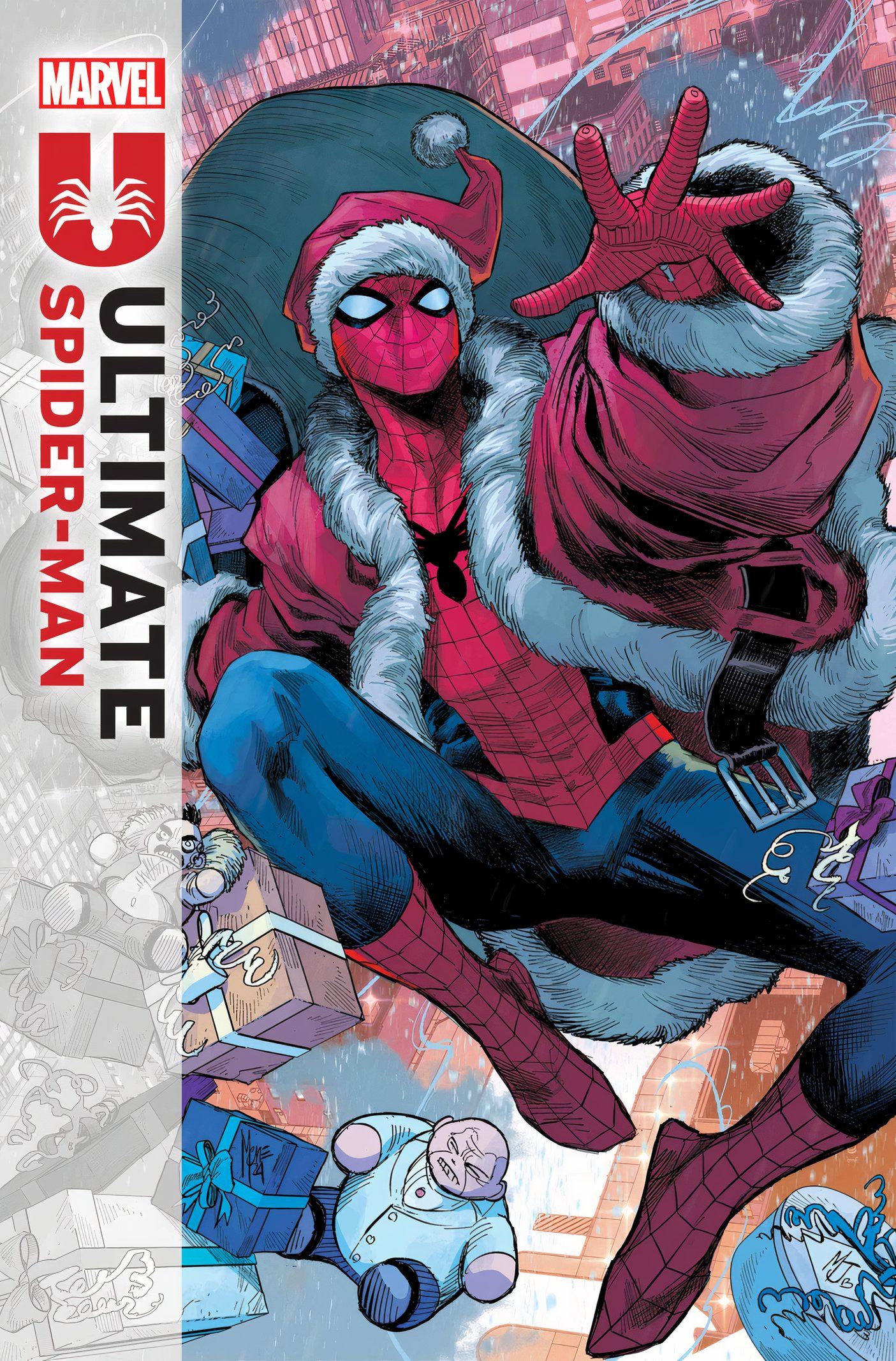 Ultimate Spider-Man #12 cover, Spidey hauling a load of presents in Santa gear.