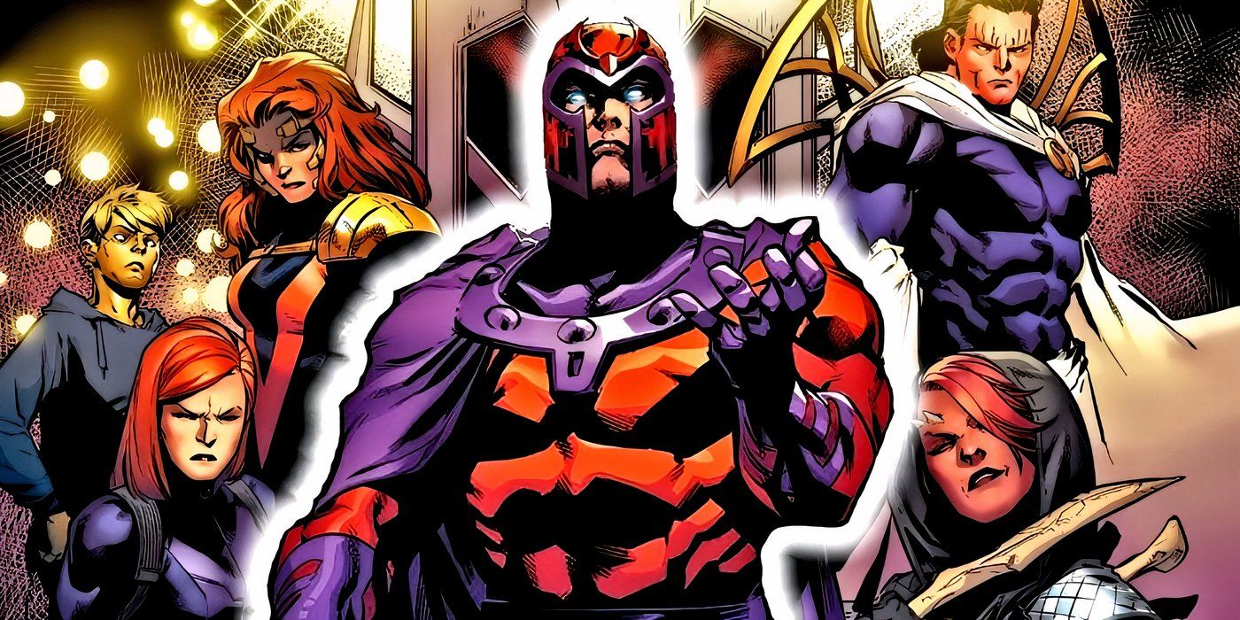 Magneto with his Brotherhood of Mutants standing behind him.