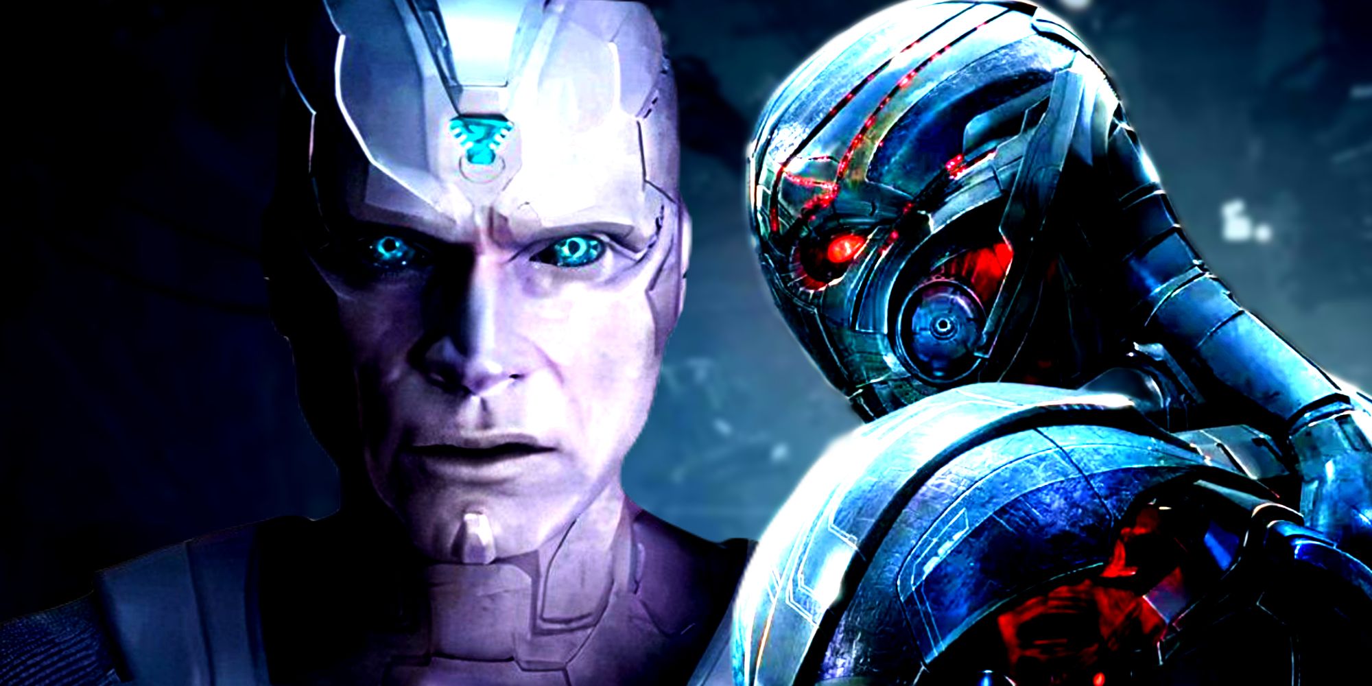 Ultron looks at the Avengers in Age of Ultron and White Vision activates in Vision Quest