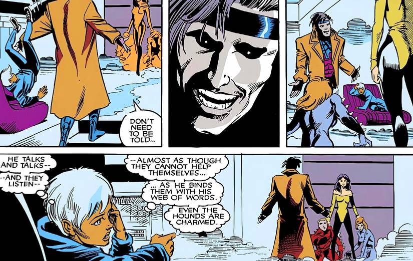 Comic book panels: Gambit uses his charm and hypnotic voice to stop the villains