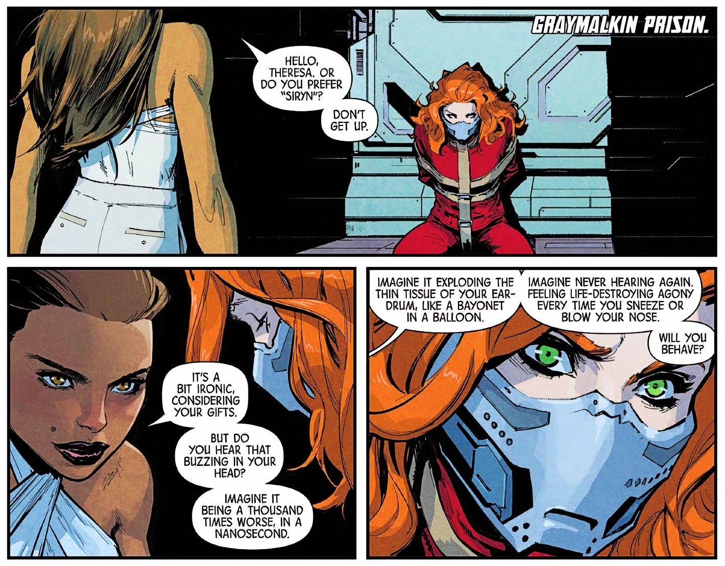 Strange X-Men #2; Dr. Corina Ellis telling Siryn there is a bomb in her neck.