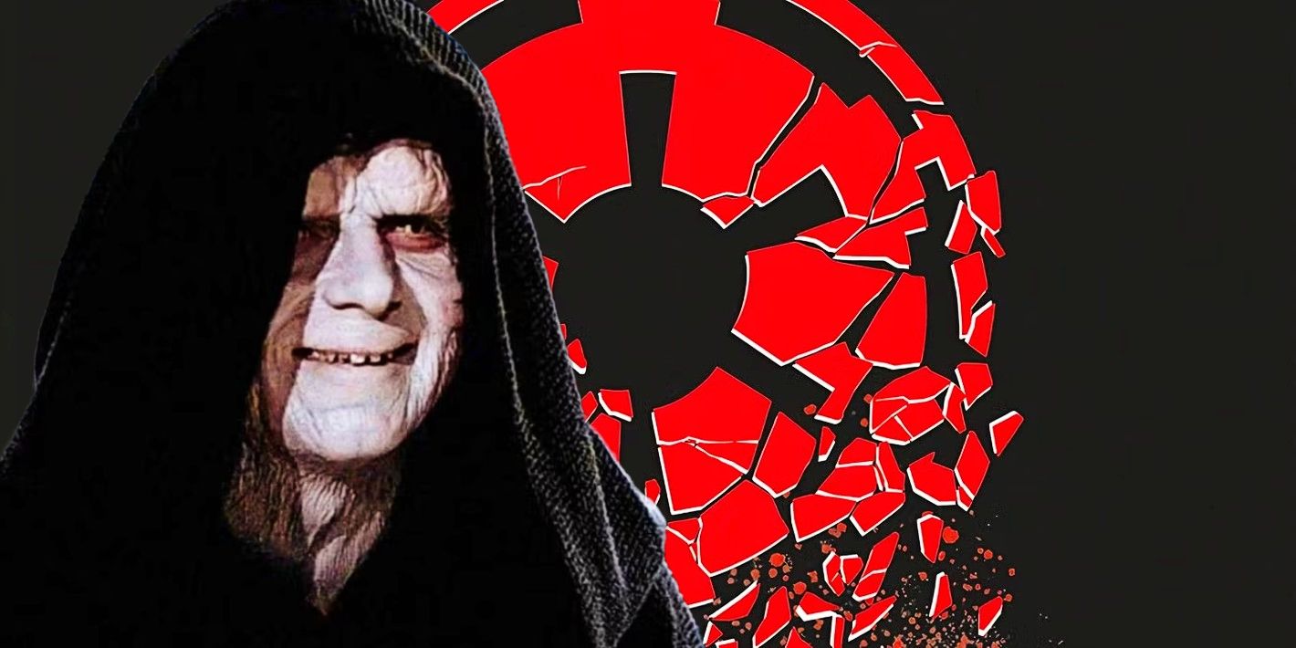 Emperor Palpatine (foreground) with a crumbling black-and-red Imperial logo (background.)