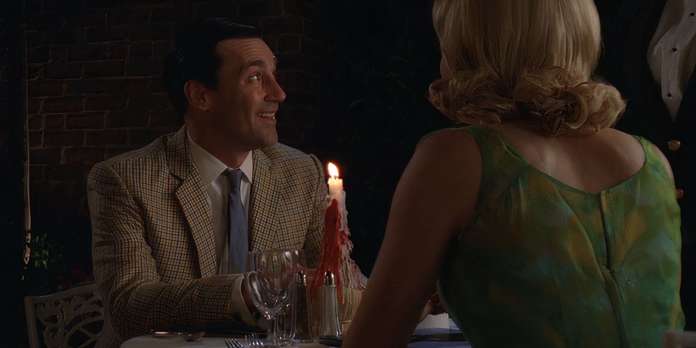 Jon Hamm as Don Draper talking to Bethany Van Nuys over dinner in the Mad Men episode "The Summer Man."