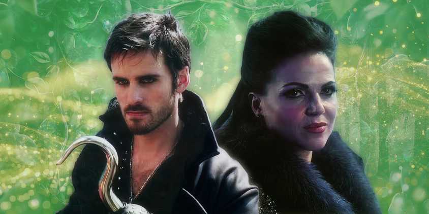 Cutouts of Captain Hook/Killian Jones (Colin O'Donoghue) & Regina Mills/The Evil Queen (Lana Parrilla) in Once Upon a Time against a green textured background with gold sparkles.